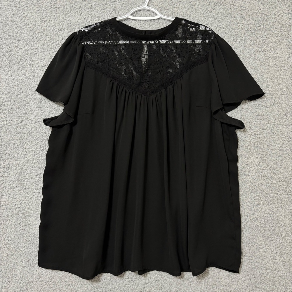 Plus Size Black Lace Yoke Flutter Sleeve Blouse 3X Keyhole Back Tord